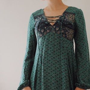 Blue & Green Above the knee lace up Boho Dress
